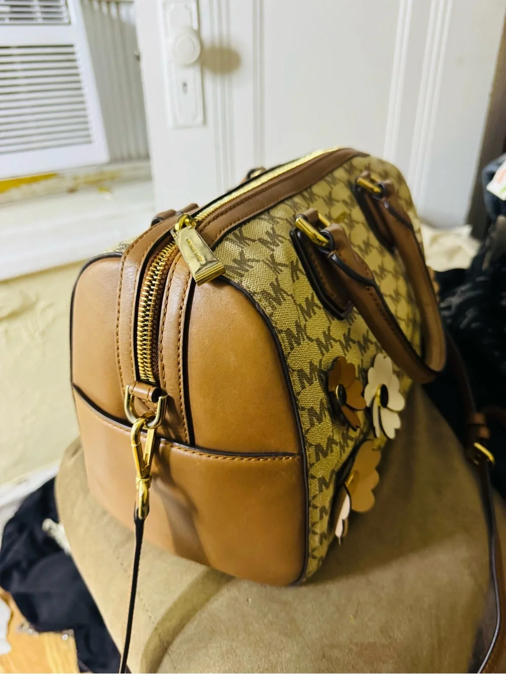 Michael Kors Floral Appliqué Satchel with Pink & White Flower